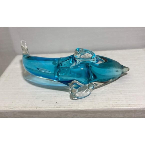 Hand Blown Glass Dolphin Figurine Paperweight Blue & Clear 6" Beach Nautical - Picture 7 of 7